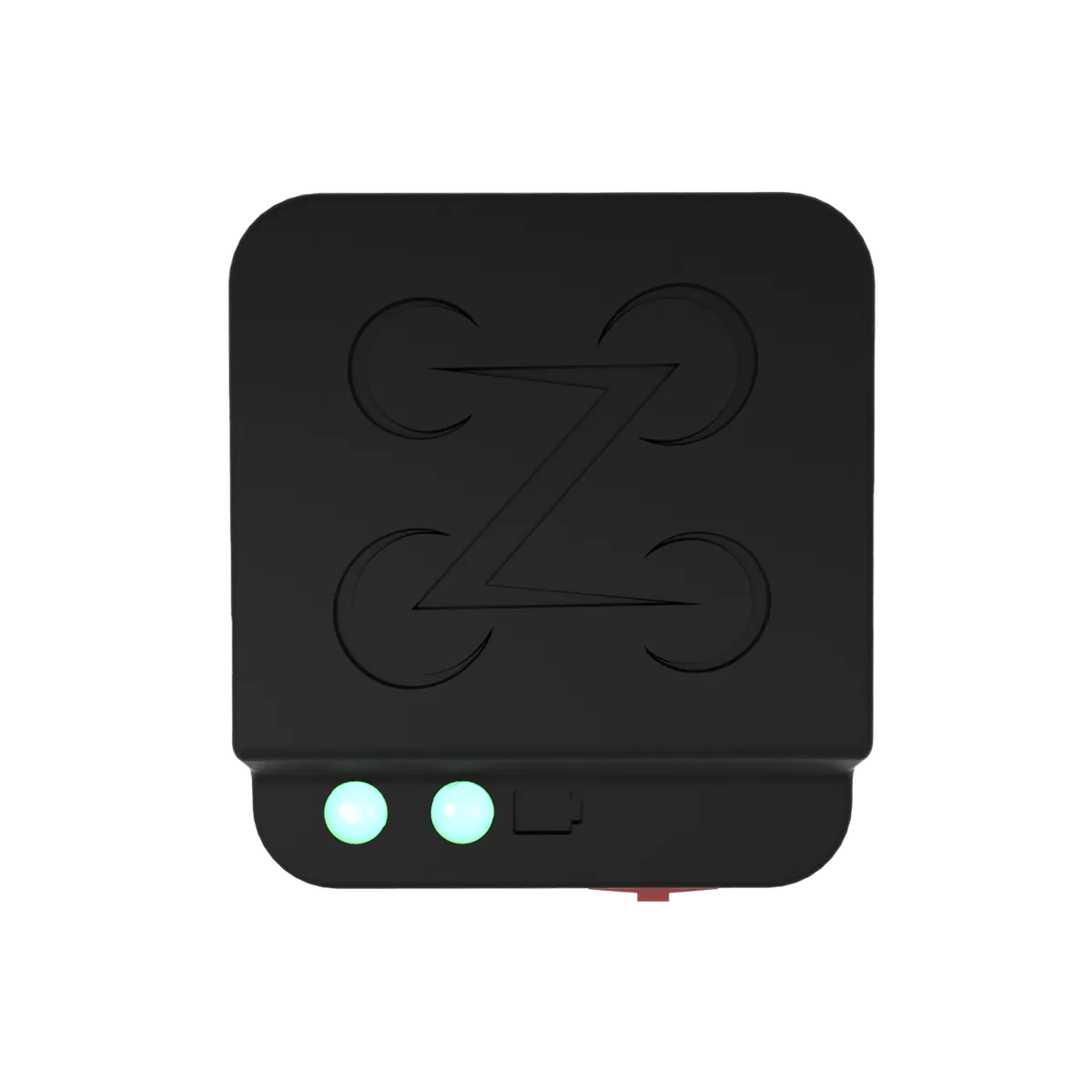 The Z-RID Lite broadcast module, a small black square with the Zing quadcopter logo embossed on top and two status LEDs lit along the front edge.